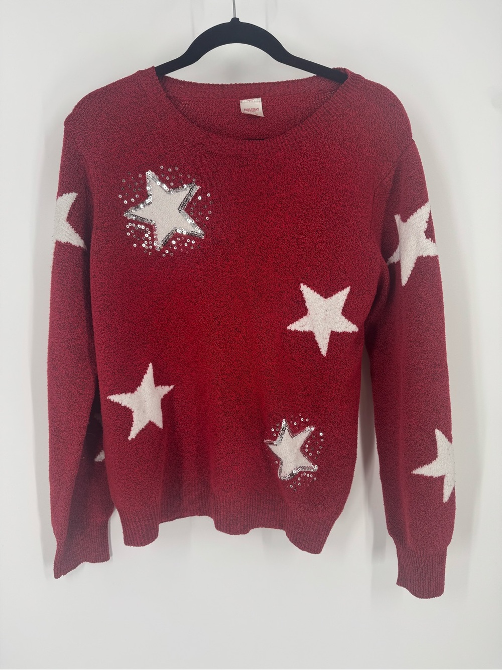 Holiday Time Red Star Crewneck Sweater with White Stars